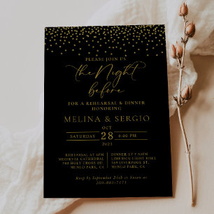 Invitation Gold Confetti Boho Dîner de répétition noire