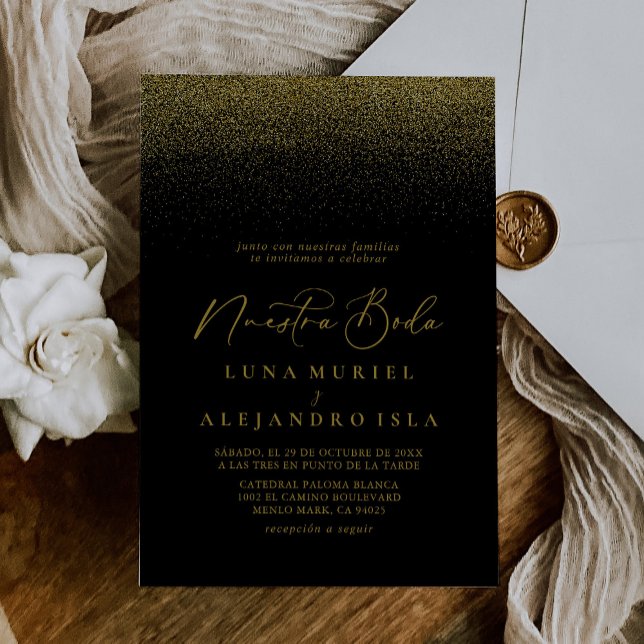 Invitation Gold Confetti Boho Noir Nuestra Boda Mariage (Créateur téléchargé)