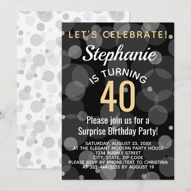 Invitation Gold Confetti Bokeh Bubbles 40e fête d'anniversair (Devant / Derrière)