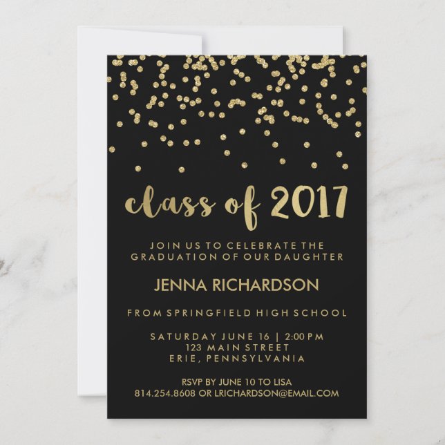 Invitation Gold Confetti Class of 2017 Graduation Party Black (Devant)
