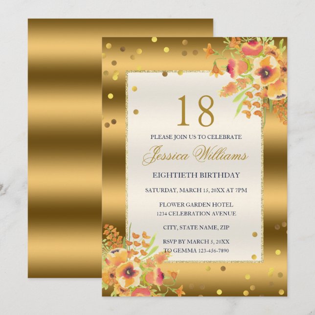 Invitation Gold Confetti & Corner Flowers 18e anniversaire (Devant / Derrière)