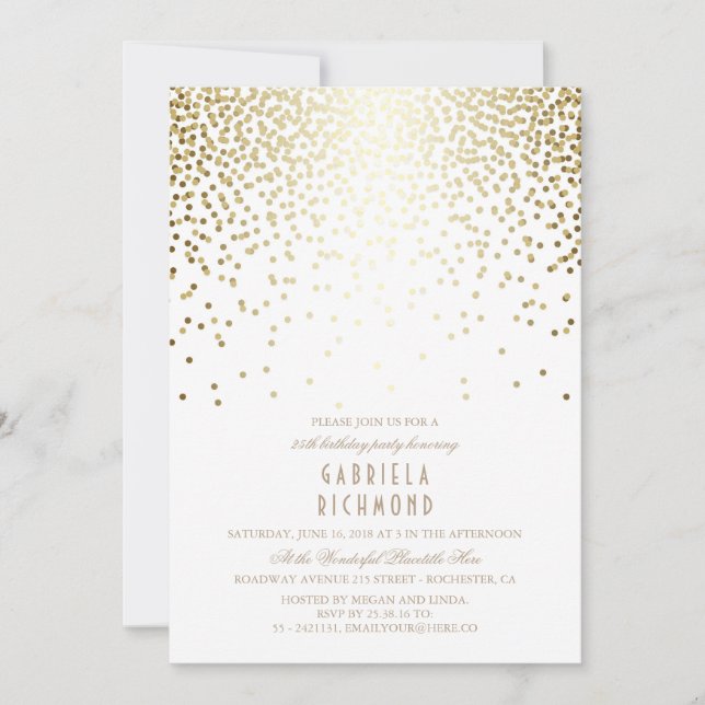Invitation Gold Confetti Élégante Vintage White Anniversaire (Devant)