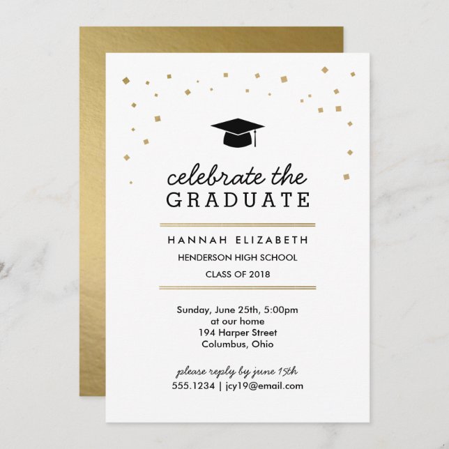 Invitation Gold Confetti et Casquette Modern Graduation Invit (Devant / Derrière)