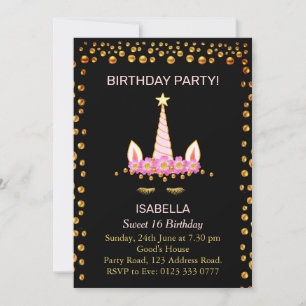 Invitation Gold Confetti et Unicorn o Sweet 16 Anniversaire