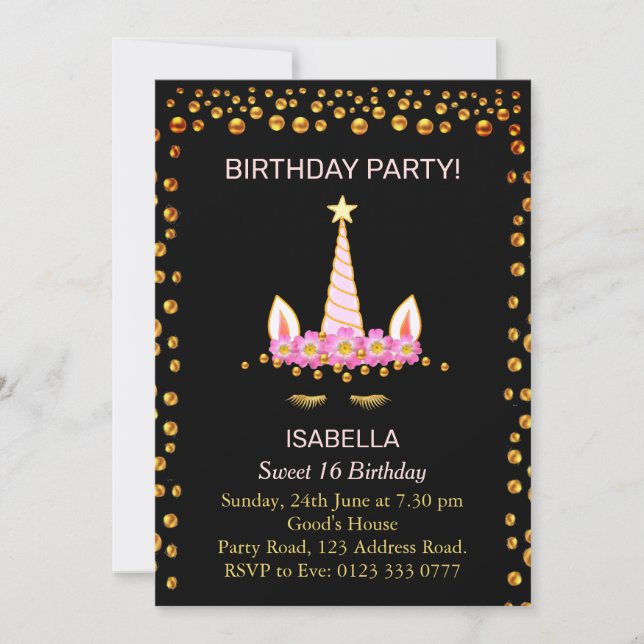Invitation Gold Confetti et Unicorn o Sweet 16 Anniversaire (Devant)