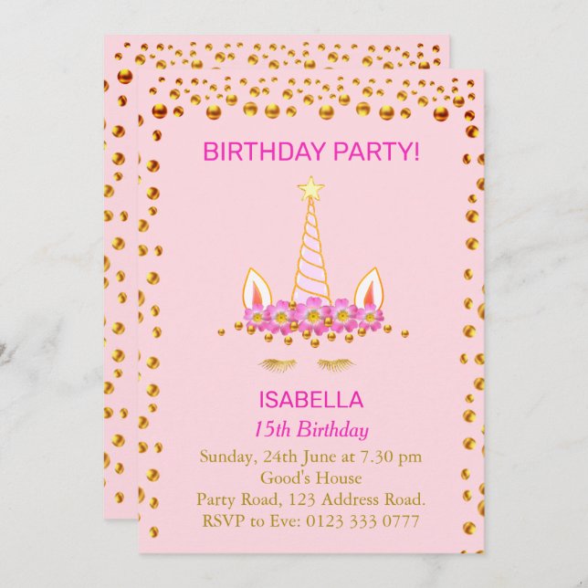 Invitation Gold Confetti et Unicorn sur rose 15e anniversaire (Devant / Derrière)