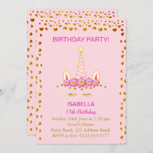 Invitation Gold Confetti et Unicorn sur rose 15e anniversaire