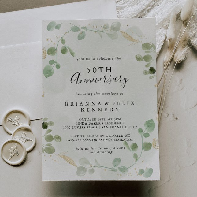 Invitation Gold Confetti Eucalyptus 50e anniversaire Mariage (Créateur téléchargé)