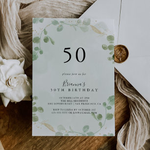 Invitation Gold Confetti Eucalyptus 50e fête d'anniversaire