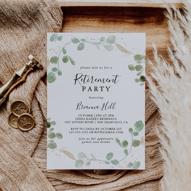Invitation Gold Confetti Eucalyptus Foliage Parti de retraite (Créateur téléchargé)