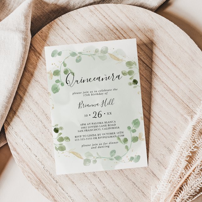 Invitation Gold Confetti Eucalyptus Foliage Quinceañera (Créateur téléchargé)