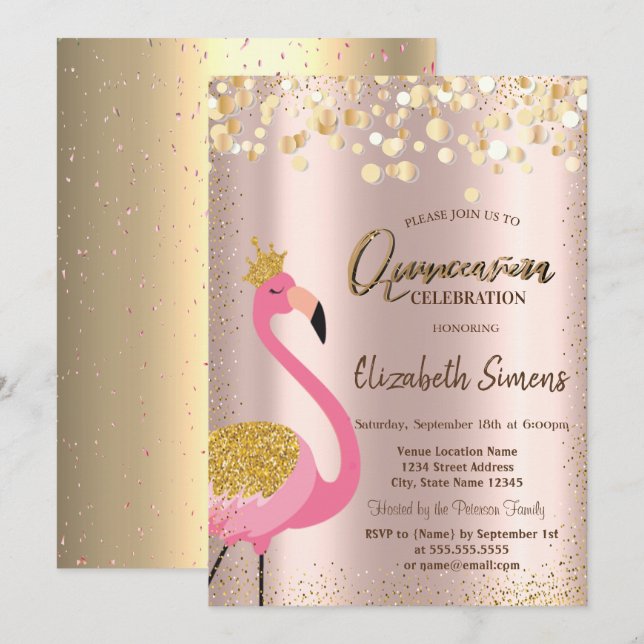 Invitation Gold Confetti Flamant rose rose Rose Gold Quinceañ (Devant / Derrière)