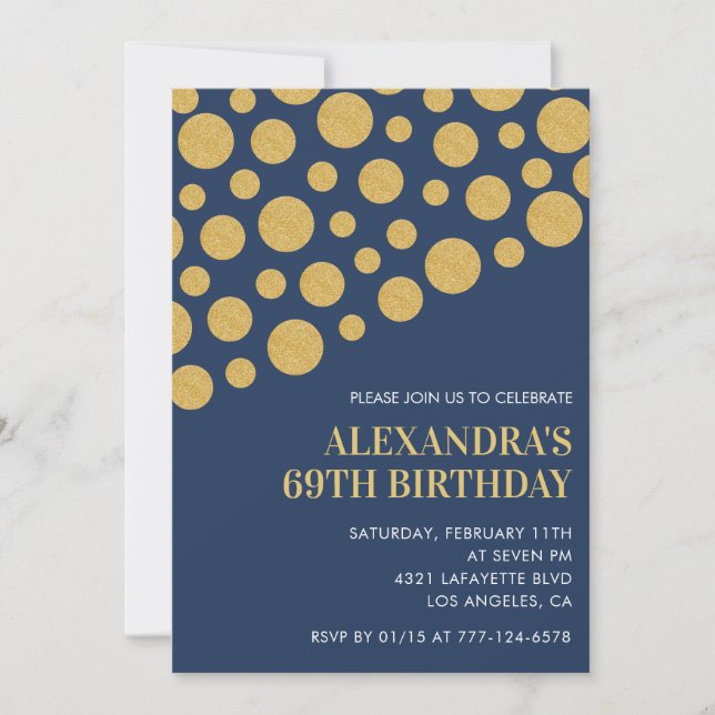 Invitation Gold Confetti Marine Blue 69e anniversaire invitat (Devant)