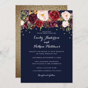 Invitation Gold Confetti Marine Bourgogne Floral Mariage