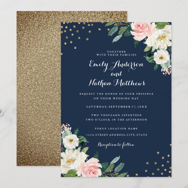 Invitation Gold Confetti Marine rose Mariage floral (Devant / Derrière)