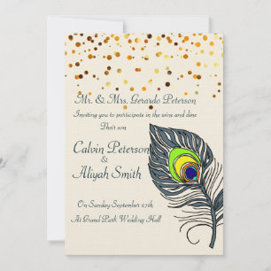 Invitation Gold Confetti Peacock Feathes Mariage