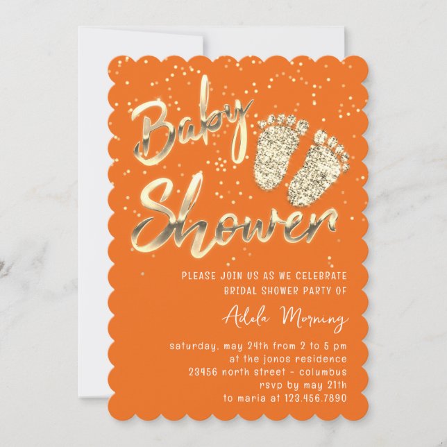 Invitation Gold Confetti Pieds Baby shower Script Orange (Devant)