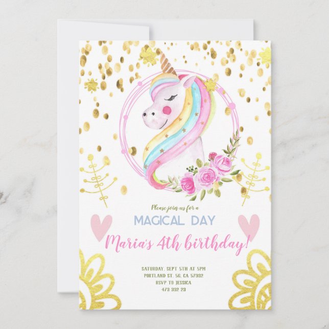 Invitation Gold Confetti Rainbow Unicorn visage Anniversaire (Devant)