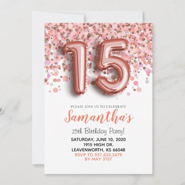 Invitation Gold Confetti Rose 15e anniversaire (Devant)