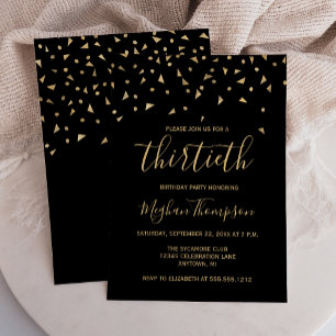 Invitation Gold Confetti sur Black 30th Birthday Party