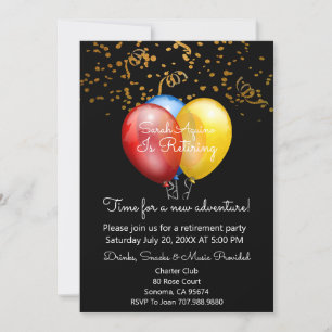 Invitation Gold Confetti sur Black & Balloons Retraite Party