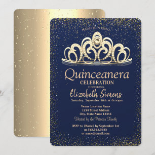 Invitation Gold Confetti Tiara Marine Blue Quinceañera