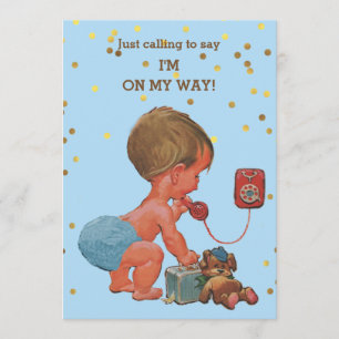 Invitation Gold Confetti Vintage Boy on Phone Baby shower