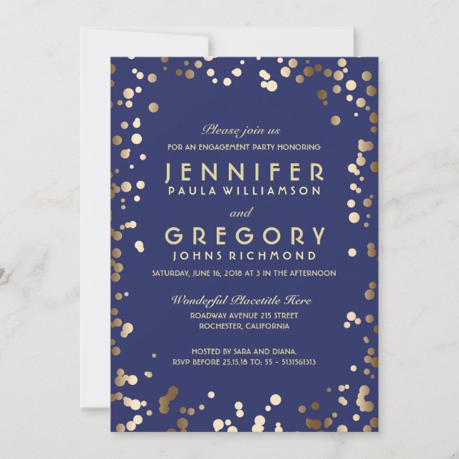 Invitation Gold Confetti Vintage Engagement Party (Devant)