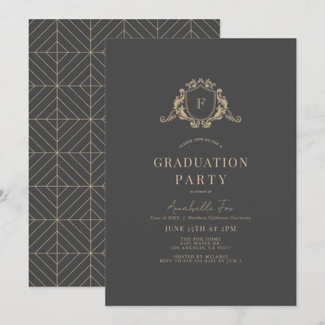 Invitation Gold Crest Monogramme gris foncé Graduation (Devant / Derrière)