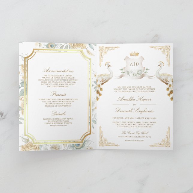 Invitation Gold Crest Royal Indian White Peacock Wedding (Intérieur)