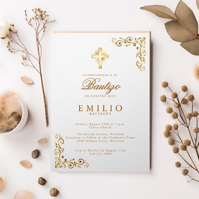 Invitation Gold Cross De Bautizo Espagnol Genre Neutre Blanc (Gold Cross De Bautizo Spanish Gender Neutral White Invitation)