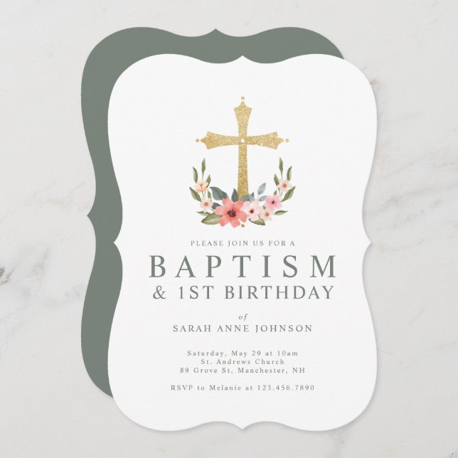 Invitation Gold Cross Floral Wreath Baby 1er Anniversaire Bap (Devant / Derrière)