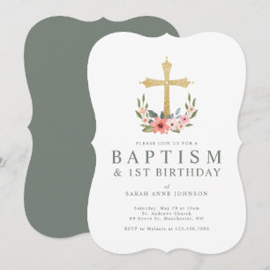 Invitation Gold Cross Floral Wreath Baby 1er Anniversaire Bap
