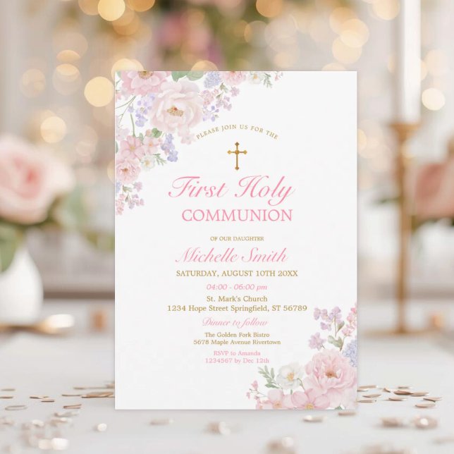 Invitation Gold Cross Girl’s Communion Elegant Watercolor  (Créateur téléchargé)