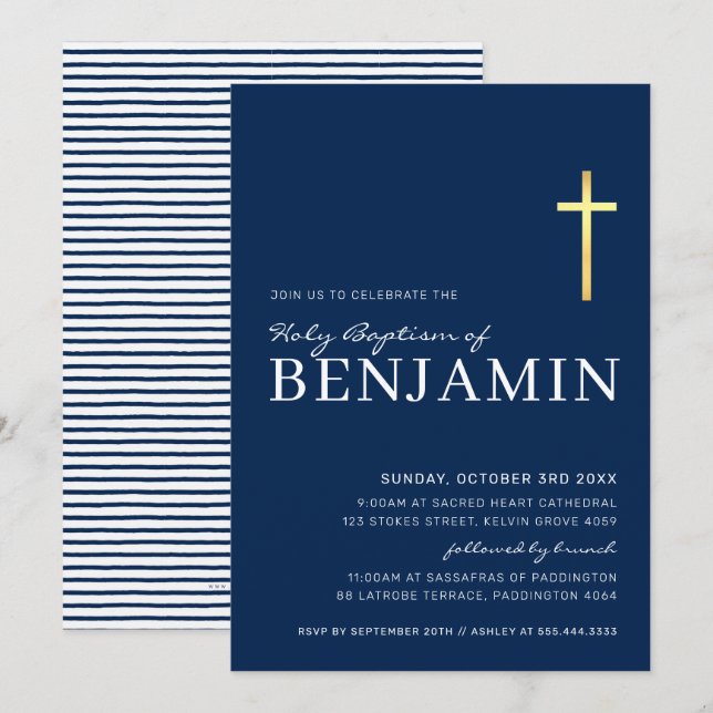 Invitation GOLD CROSS moderne saint baptême minimum marine bl (Devant / Derrière)