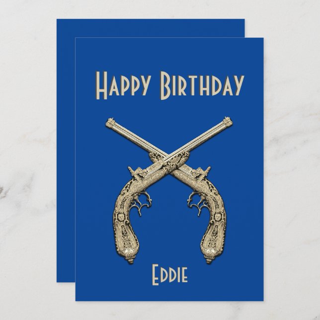 Invitation Gold Crossed Pistols Blue Anniversaire (Devant / Derrière)