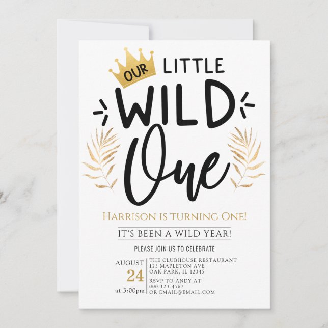 Invitation Gold Crown Our Little Wild One 1er anniversaire (Devant)