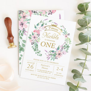 Invitation Gold Crown Princess Floral Girl 1er anniversaire