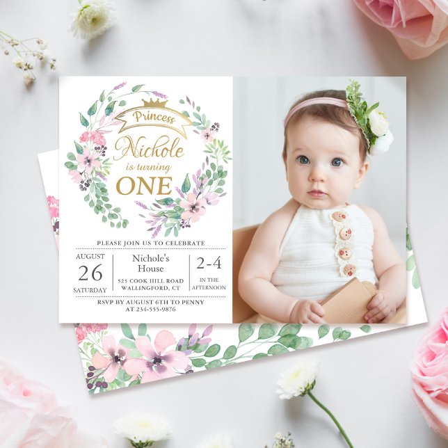 Invitation Gold Crown Princess Floral Girl 1er anniversaire P (Créateur téléchargé)