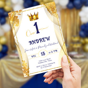 Invitation Gold Crown Royal Blue Prince Boy 1er anniversaire