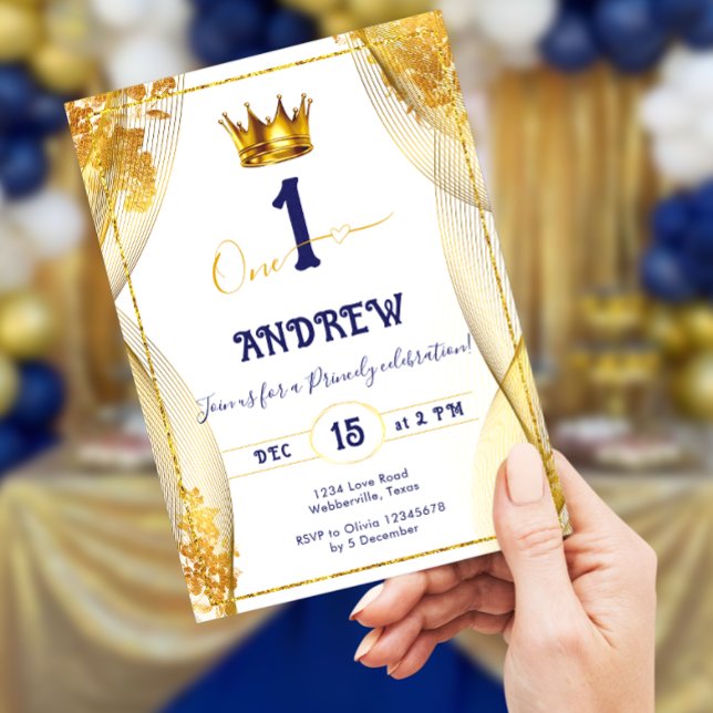 Invitation Gold Crown Royal Blue Prince Boy 1er anniversaire (Créateur téléchargé)