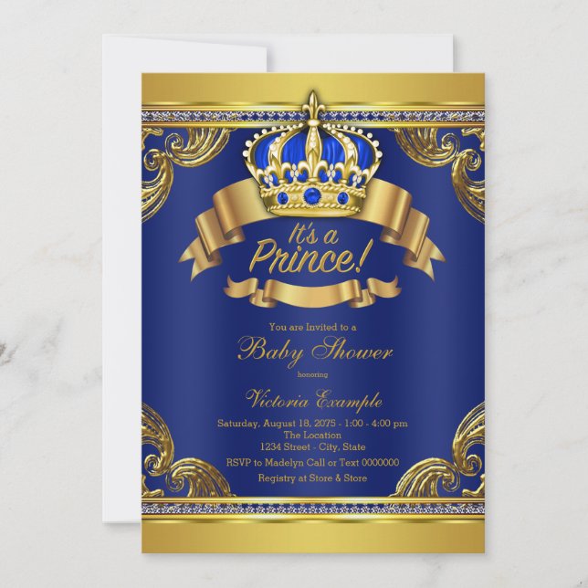 Invitation Gold Crown Royal Blue Prince Boy Baby shower (Devant)