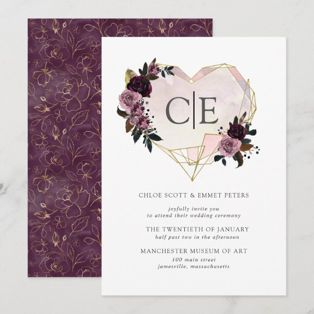 Invitation Gold Crystal Heart Rose violet Mariage Floral (Devant / Derrière)