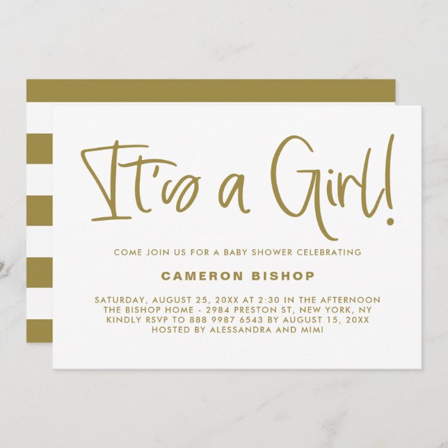 Invitation Gold Cute Calligraphy C'est un Baby shower de fill (Devant / Derrière)