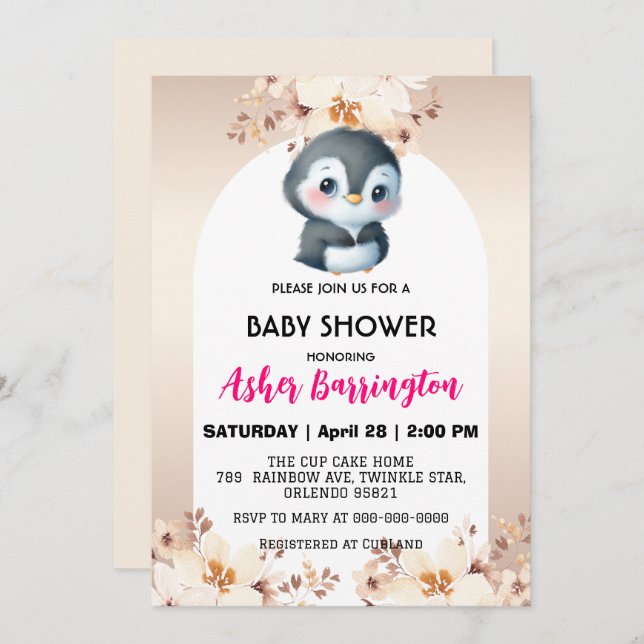 Invitation Gold Cute pingouin fleurs de cerisiers baby shower (Devant / Derrière)