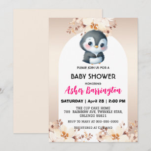 Invitation Gold Cute pingouin fleurs de cerisiers baby shower