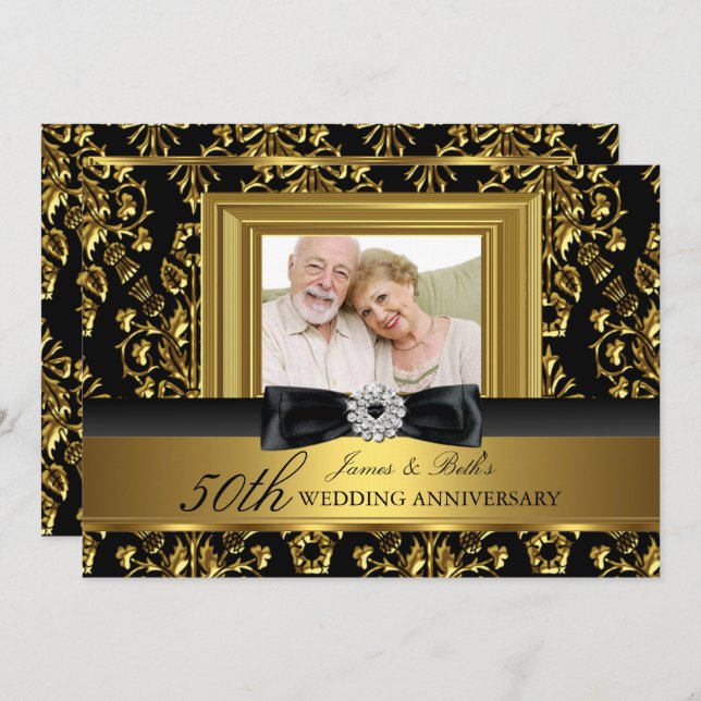 Invitation Gold Damask & Bow Photo 50th Mariage Anniversary (Devant / Derrière)