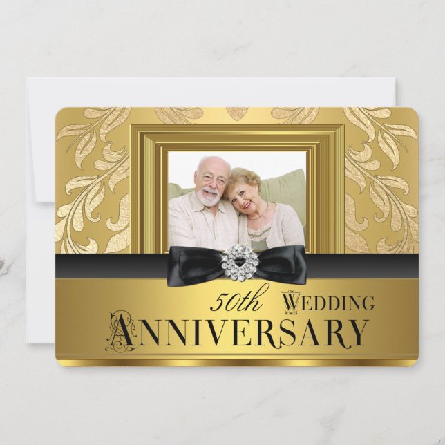 Invitation Gold Damask Bow Photo 50th Mariage Anniversary 4 (Devant)