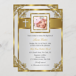 Invitation Gold Damask Cross Photo Baptême Christening 2