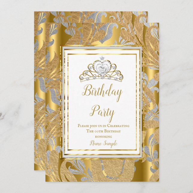 Invitation Gold Damask Grey Tiara fête d'anniversaire (Devant / Derrière)